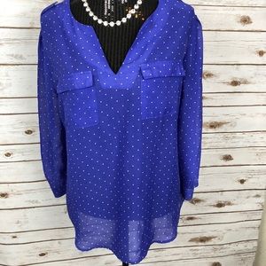 Gap V Neck Blouse Sz Xl blue w/white polka dots